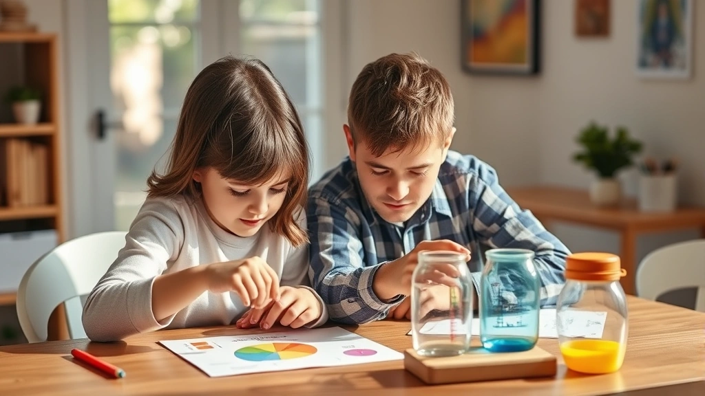 Parent and child working together at table with visual focus tools like charts and timers, collaborative moment, bright natural light, warm family setting, showing positive engagement