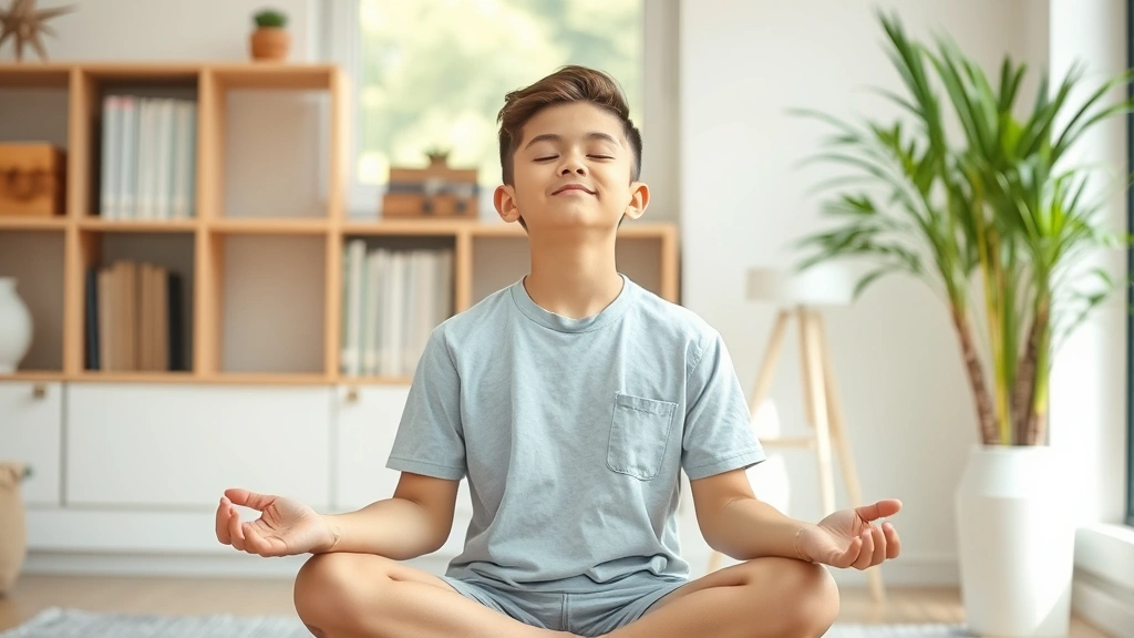 Young student meditating peacefully indoors, sitting comfortably with eyes closed, soft natural lighting, calm environment, relaxed posture, focused mindfulness practice, tranquil atmosphere