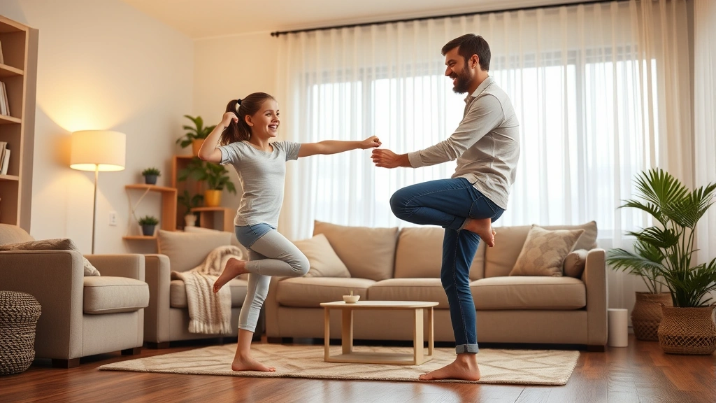 Child and parent doing balance and core strengthening activity together in home, standing on one leg, joyful interaction, living room setting, warm lighting, photorealistic