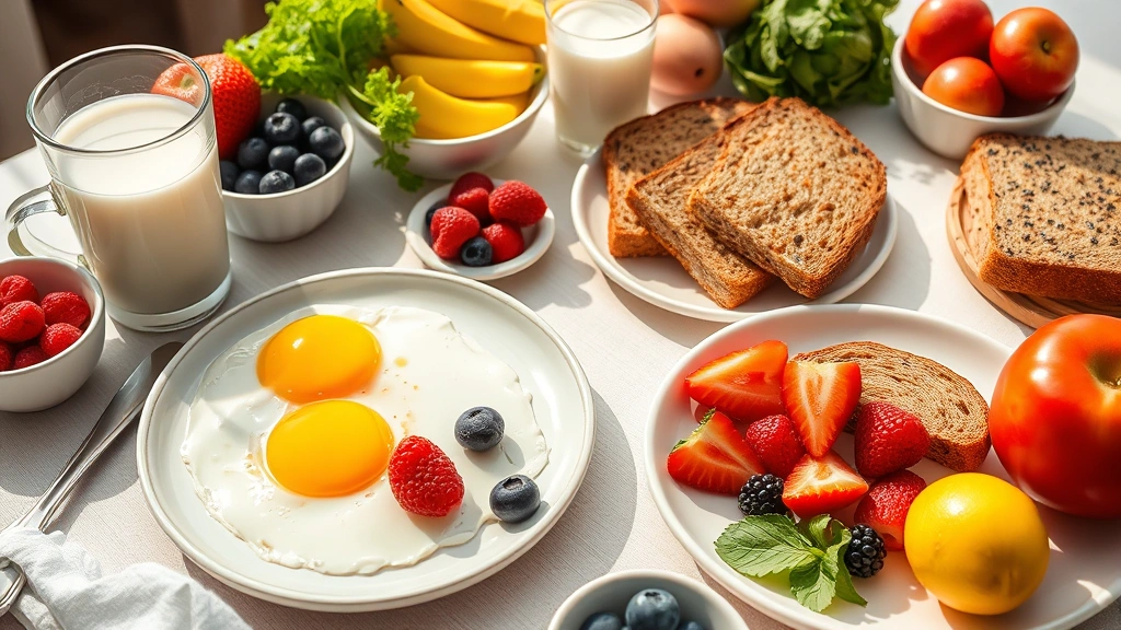 Healthy breakfast spread on table: eggs, berries, whole grain toast, glass of milk, fresh fruits and vegetables, colorful nutritious meal, morning light, wellness and nutrition focus