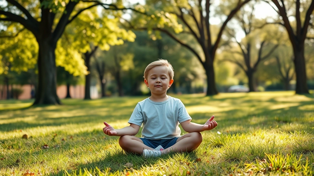 Child meditating outdoors in Kansas City park, sitting peacefully on grass with trees, morning sunlight, nature background, calm concentrated posture, photorealistic
