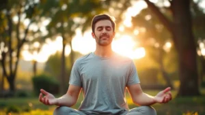 Person meditating in serene nature setting with calm expression, morning sunlight filtering through trees, peaceful natural background with bokeh, photorealistic, focused mental state visualization