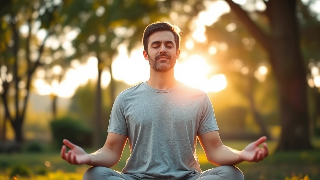 Person meditating in serene nature setting with calm expression, morning sunlight filtering through trees, peaceful natural background with bokeh, photorealistic, focused mental state visualization