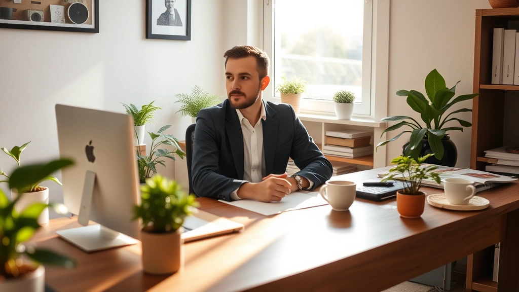 Professional sitting at wooden desk in morning sunlight, looking focused and calm with coffee cup nearby, peaceful home office setting with plants and minimal clutter, natural window light streaming in