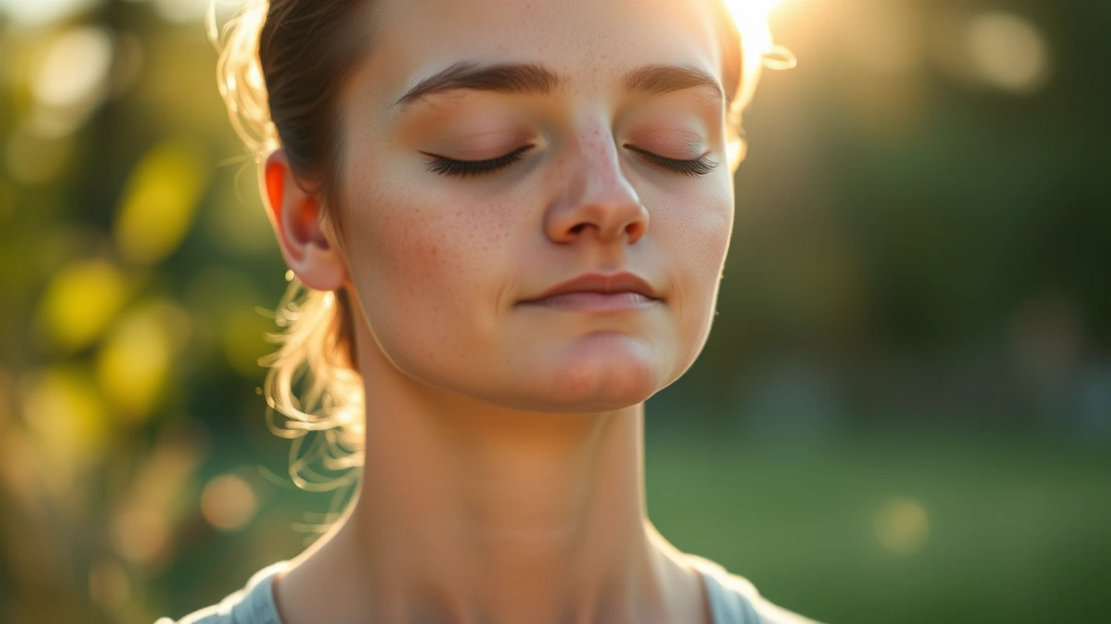 Close-up of someone meditating outdoors with soft morning sunlight, calm facial expression, nature background blurred, photorealistic high quality