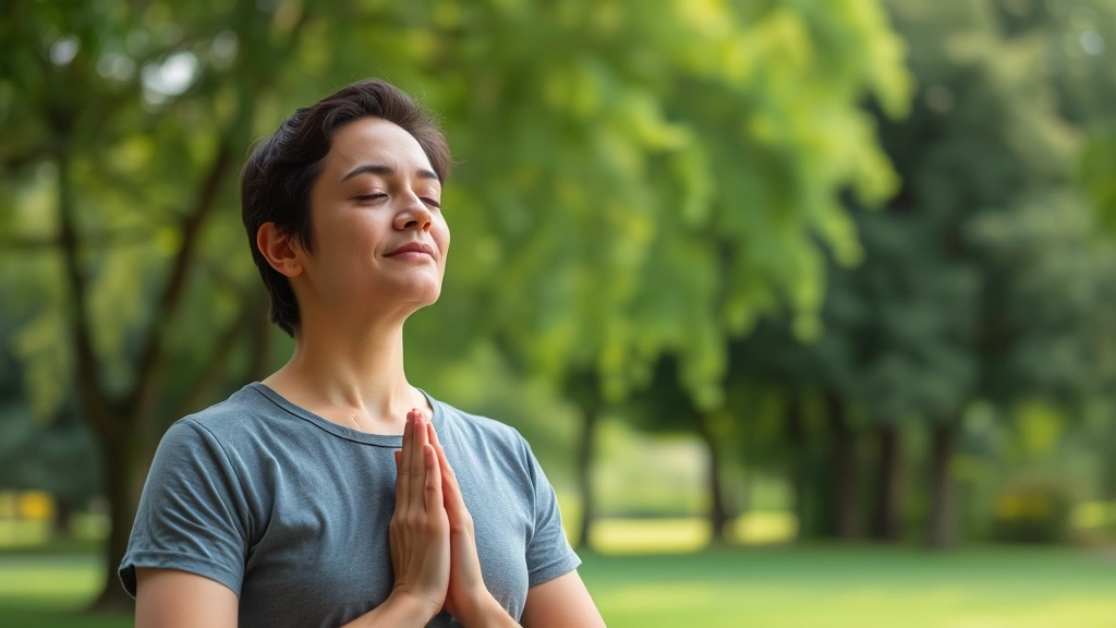 Person doing meditation or breathing exercise outdoors in park, peaceful expression with eyes closed or soft gaze, green trees and natural setting in background, demonstrating stress management and mental clarity