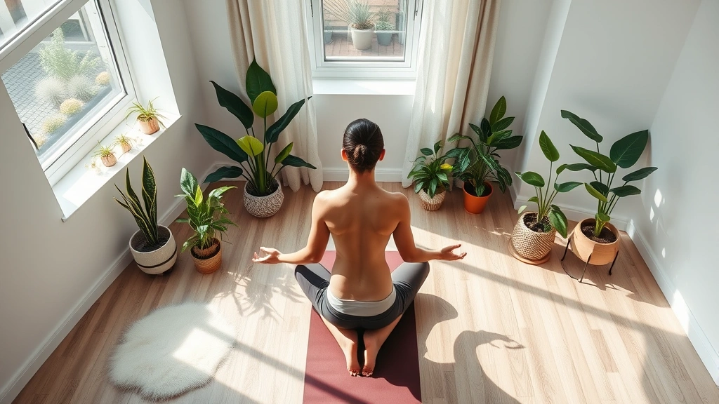 Aerial view of person practicing meditation on yoga mat in modern minimalist room with plants, natural window light streaming in, peaceful atmosphere