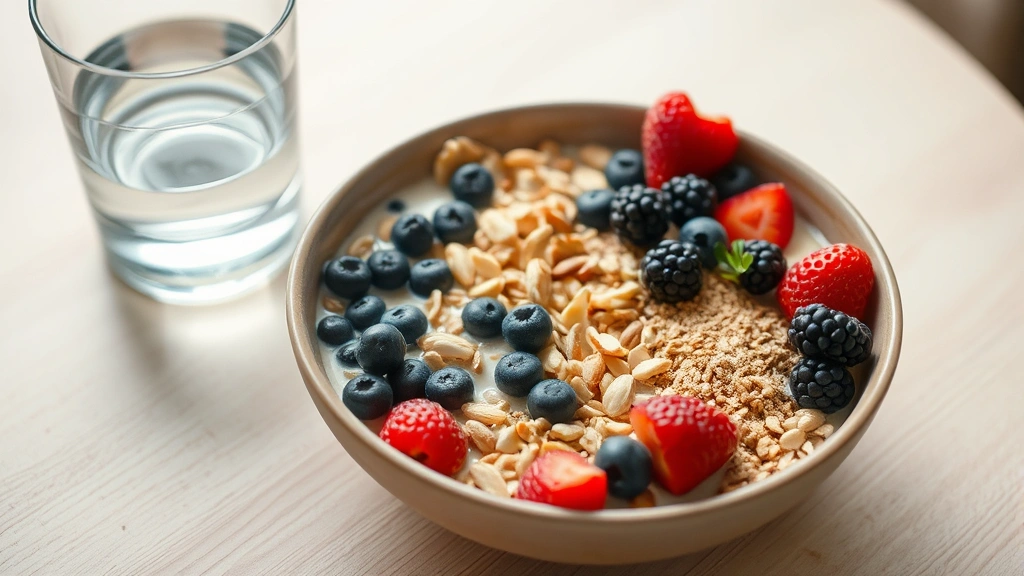 Healthy breakfast bowl with fresh berries, nuts, whole grains and protein visible, sitting on light wooden table with water glass beside it, nutritious meal promoting brain health and focus