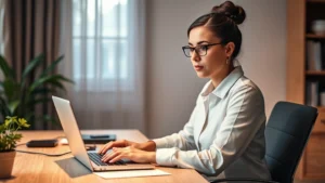 Professional woman sitting at desk with laptop during video therapy session, warm lighting, focused expression, home office setting, soft shadows, photorealistic, no text or UI elements visible