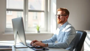 Person sitting at desk with peaceful expression, sunlight streaming through window, focused on work, clean minimalist workspace, calm concentrated demeanor, natural lighting, professional setting