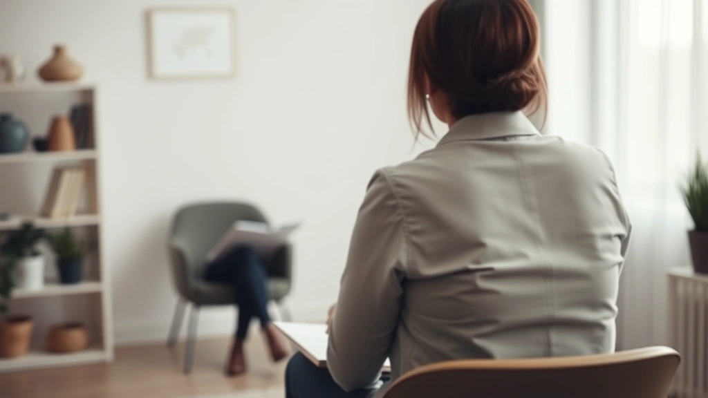 Professional therapist in calm office environment with soft lighting, notepad, peaceful background, person sitting across in blurred silhouette showing therapeutic consultation setting