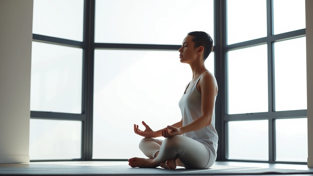 Person meditating peacefully in lotus position by large window with natural light streaming in, serene expression, minimal background, photorealistic, focused calm demeanor
