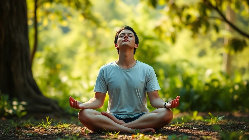Individual meditating in serene natural environment, sitting peacefully with eyes closed, surrounded by greenery, morning light, tranquil atmosphere, showing relaxation and mental clarity