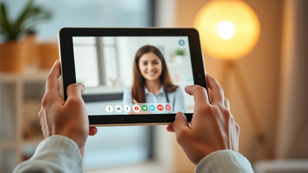 Close-up of hands holding tablet showing telehealth video call interface, warm lighting, modern minimal design, representing online mental health consultation without visible screen text