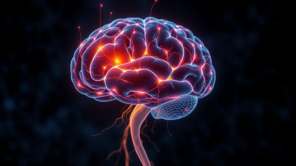 Brain illustration showing activation in prefrontal cortex during meditation, neural pathways glowing, abstract yet photorealistic visualization of attention networks