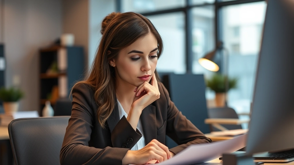 Professional woman deep in focused work, hand on chin thoughtfully, modern office setting, organized desk, engaged expression, warm lighting highlighting concentration and productivity