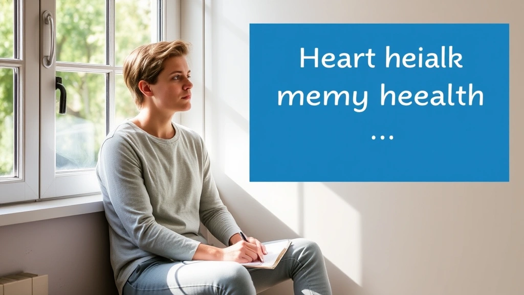 Person sitting peacefully by window with natural light, looking thoughtful and calm, notebook nearby, representing mental health progress and wellness journey without visible text