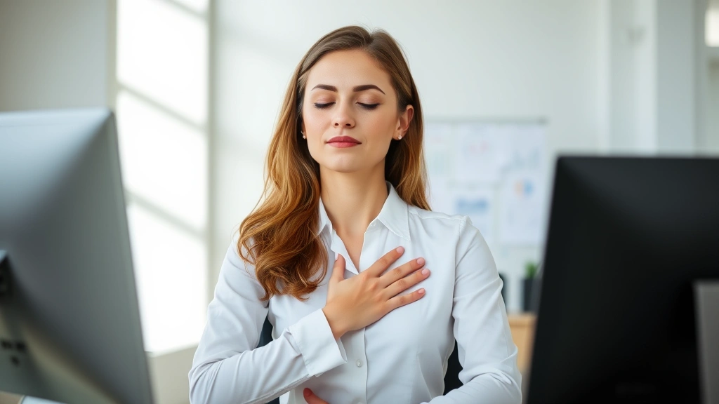 Professional woman at desk with closed eyes in brief meditation moment, hand on chest, peaceful expression, natural office lighting, demonstrating workplace mindfulness practice