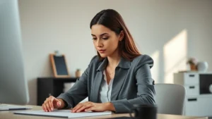 Professional woman in deep concentration at desk with soft natural lighting, focused gaze, hands positioned thoughtfully, minimalist workspace, morning atmosphere