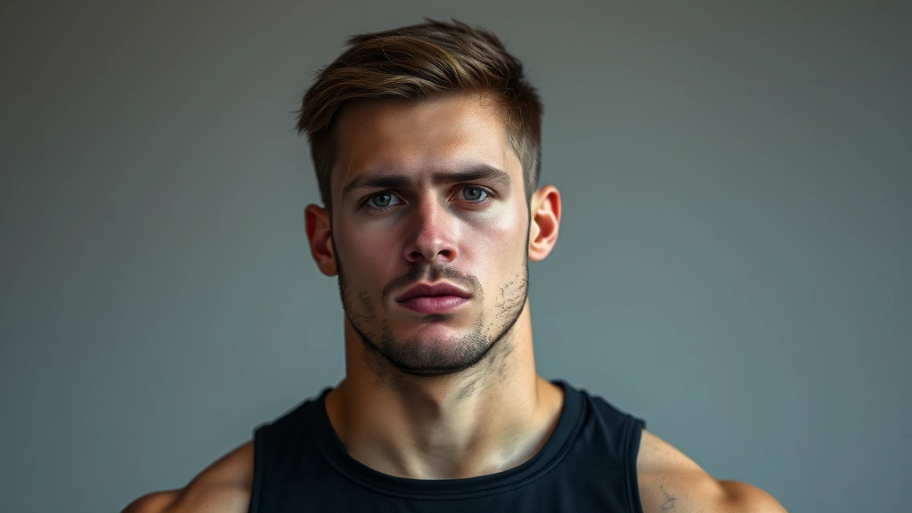 Athlete in moment of intense focus before competition, calm expression, controlled breathing visible, neutral background, natural lighting emphasizing facial features