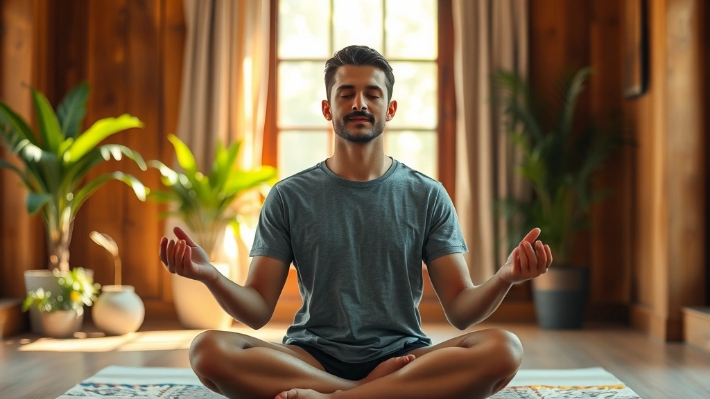 Person meditating in peaceful environment with warm natural light, relaxed posture, serene expression, indoor setting with plants, embodying mental clarity and readiness
