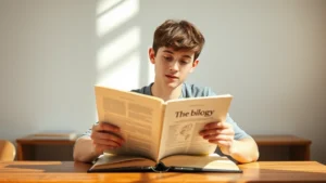 Student sitting at wooden desk in bright natural light, studying thick biology textbook with focused expression, minimalist background with no visible text or screens, warm peaceful study environment