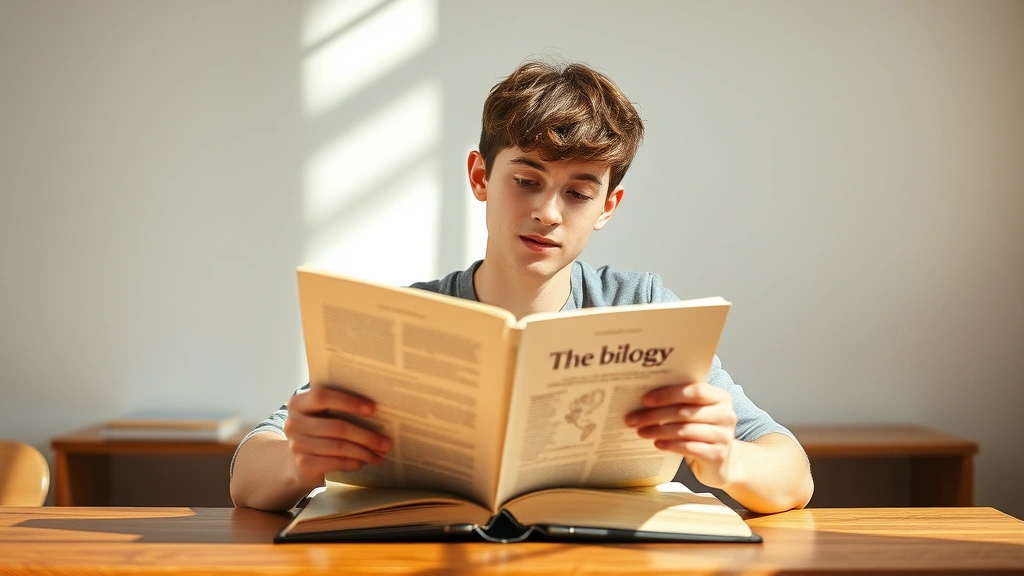 Student sitting at wooden desk in bright natural light, studying thick biology textbook with focused expression, minimalist background with no visible text or screens, warm peaceful study environment
