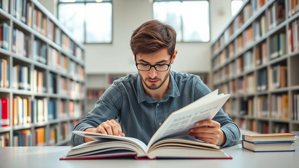 Person studying biology textbook in bright library with concentrated expression, natural window light, clean desk with minimal distractions, photorealistic detail