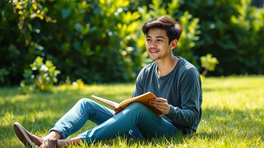Person outdoors taking a study break in natural daylight, sitting on grass in peaceful garden setting, looking refreshed and calm, natural green foliage background, no screens or technology visible
