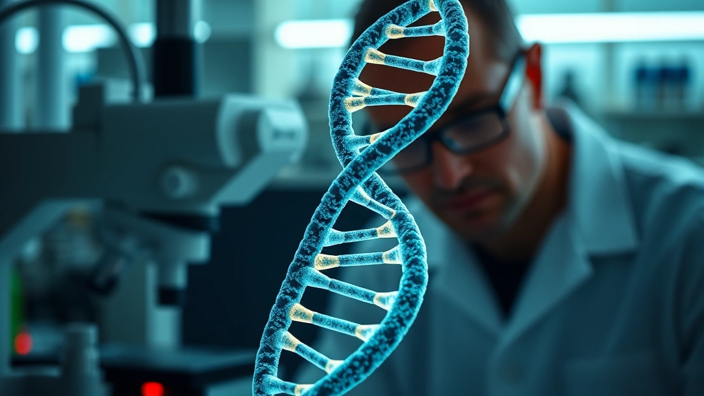 DNA double helix structure in laboratory setting with scientist observing, glowing molecular visualization, professional microscopy environment, scientific accuracy