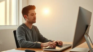 Person in deep concentration at desk with morning light through window, peaceful expression, hands on keyboard, minimal background, warm natural lighting, photorealistic