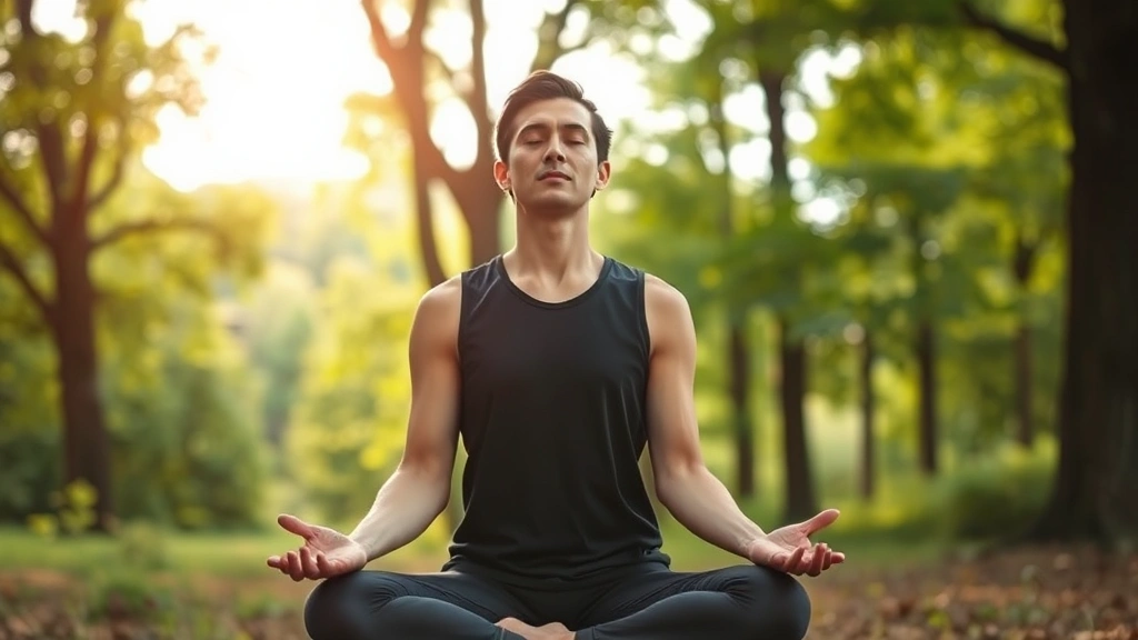 Individual meditating outdoors in nature setting with trees and soft sunlight, calm peaceful posture, serene facial expression, natural environment, photorealistic, no text