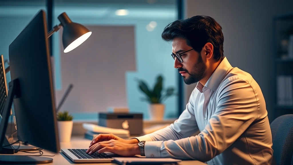 Professional in flow state during focused work, engaged expression, organized workspace, soft ambient lighting, concentration visible in body language, photorealistic