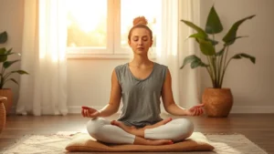 Person meditating in peaceful indoor setting with soft natural light, calm facial expression, sitting cross-legged on cushion, morning sunlight through window, serene atmosphere, photorealistic