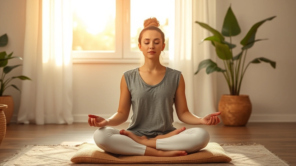 Person meditating in peaceful indoor setting with soft natural light, calm facial expression, sitting cross-legged on cushion, morning sunlight through window, serene atmosphere, photorealistic