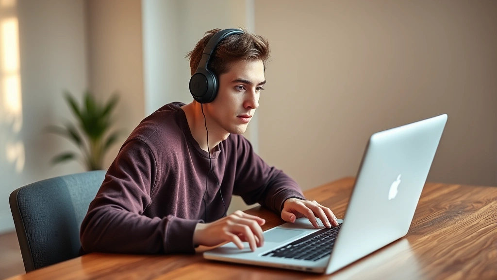 Person wearing headphones sitting at wooden desk with laptop, eyes focused intently, warm natural lighting, minimalist workspace with plant in background, peaceful expression of concentration