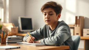 Young teenager sitting at organized desk in natural light, notebook and pen visible, peaceful focused expression, minimalist workspace background, warm neutral tones, no screens or text visible, photorealistic detail