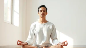Person sitting in peaceful meditation posture in sunlit room, calm facial expression, relaxed shoulders, soft natural light from window, minimal background, photorealistic