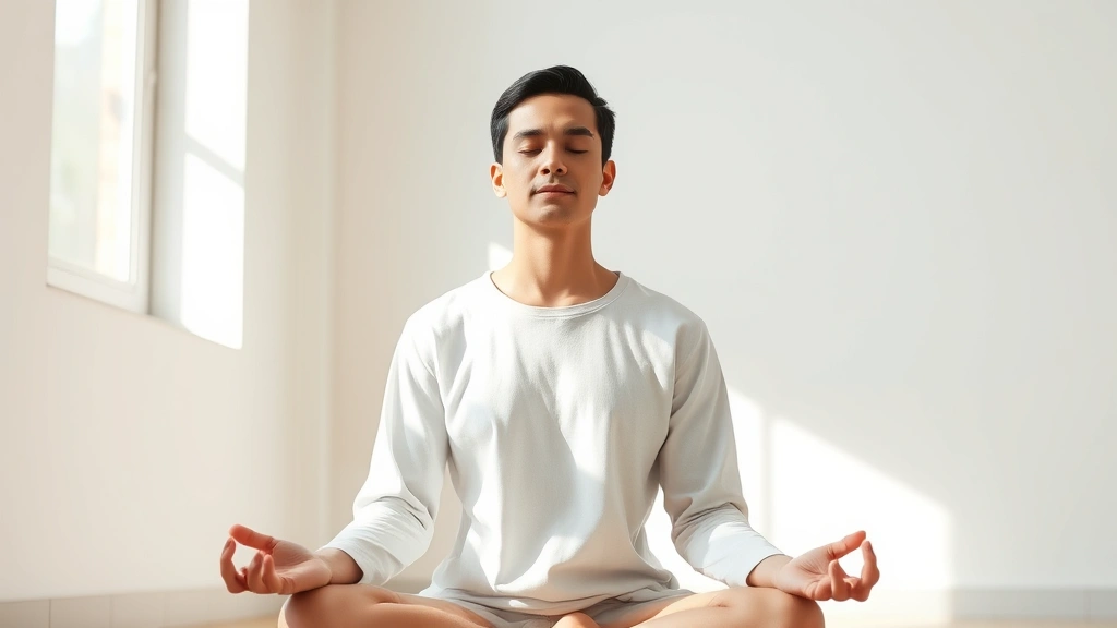 Person sitting in peaceful meditation posture in sunlit room, calm facial expression, relaxed shoulders, soft natural light from window, minimal background, photorealistic