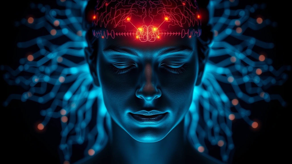 Close-up of person in meditation pose with visible brain activity visualization glowing around head area, representing neural pathways and focus, peaceful expression, scientific yet artistic, photorealistic