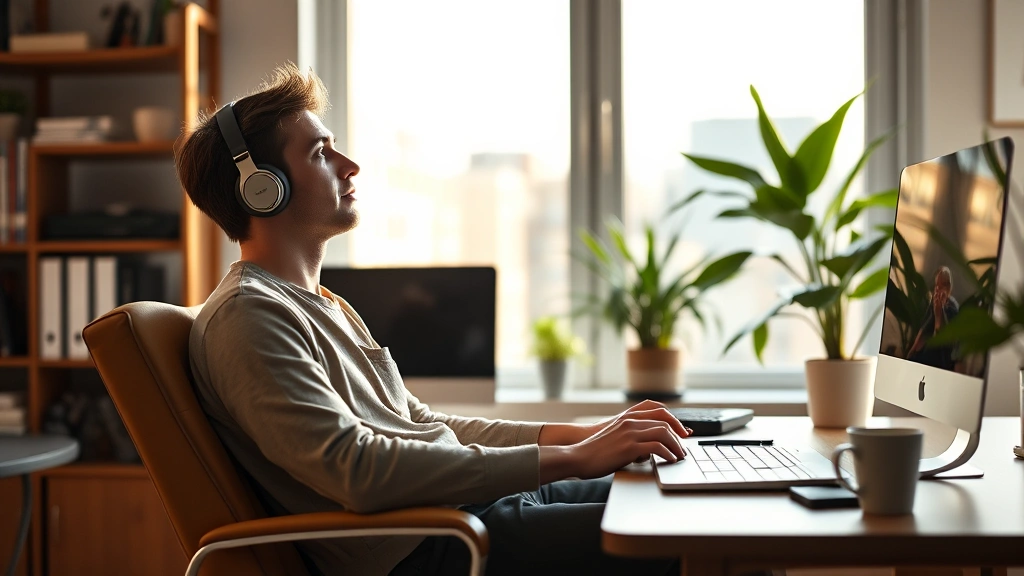 Young adult in modern home office with instrumental music playing on speakers, relaxed yet alert posture, coffee cup nearby, soft afternoon sunlight through window, calm productive environment