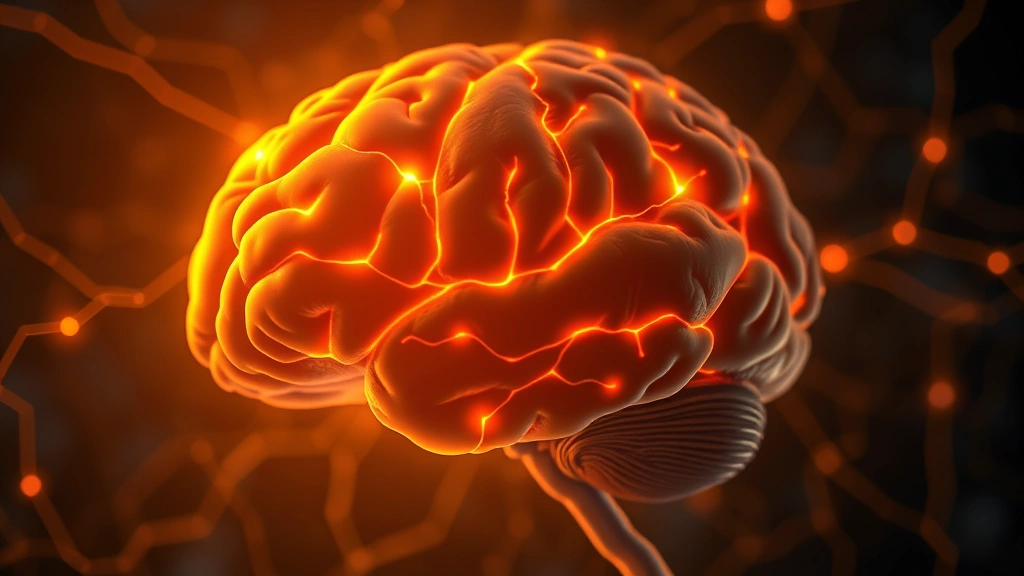 Brain illustration showing neural pathways glowing with activity, focused light on prefrontal cortex region, abstract neural connections, warm golden lighting, scientific aesthetic