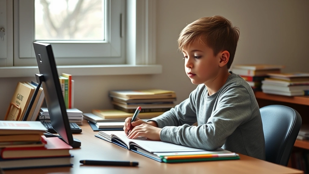 Student studying at desk with visible calm demeanor, books and materials organized, natural window light, serene concentration evident in posture and expression, productive focus state, photorealistic
