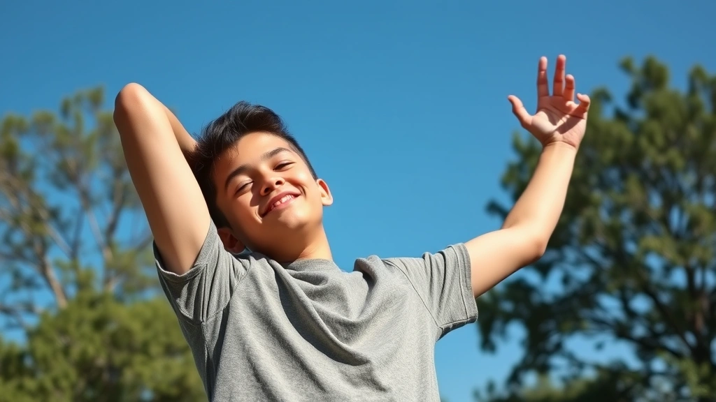 Teenager taking a break outdoors, stretching arms, blue sky background, trees visible, natural light, peaceful expression, movement captured, healthy wellbeing moment, no text or artificial elements