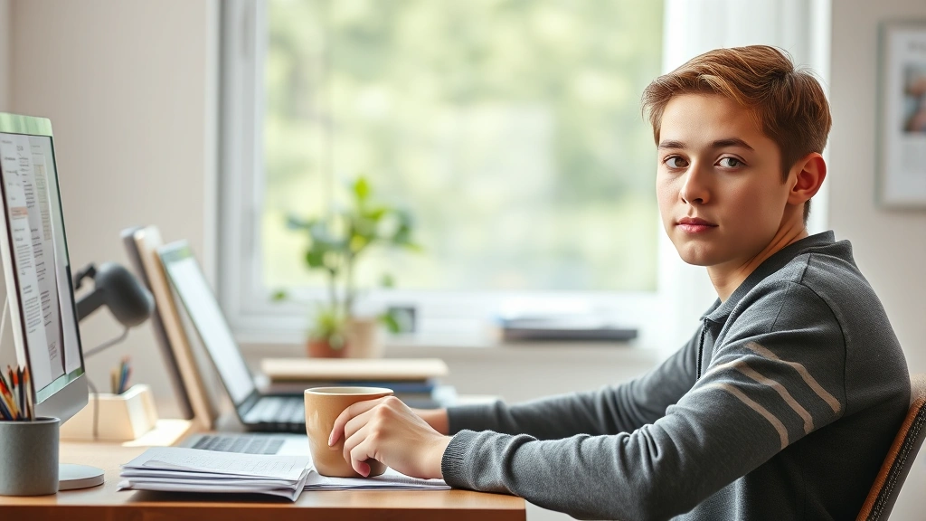 Young adult at desk with papers and coffee, looking focused and calm, natural light, clear eyes, engaged expression, productive workspace, photorealistic