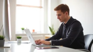 Person deeply focused at desk working on laptop in bright, minimalist office space with natural light streaming through window, completely absorbed in task, no distractions visible