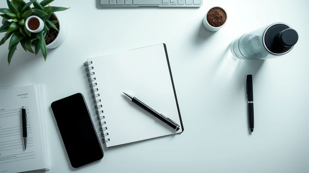 Overhead view of organized workspace with notebook, pen, water bottle, and clear desk surface, serene professional environment designed for concentration and productivity