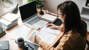 Professional workspace with organized desk, natural lighting, person focused on laptop screen, papers neatly arranged, coffee cup visible, calm concentration atmosphere, no text or digital displays showing