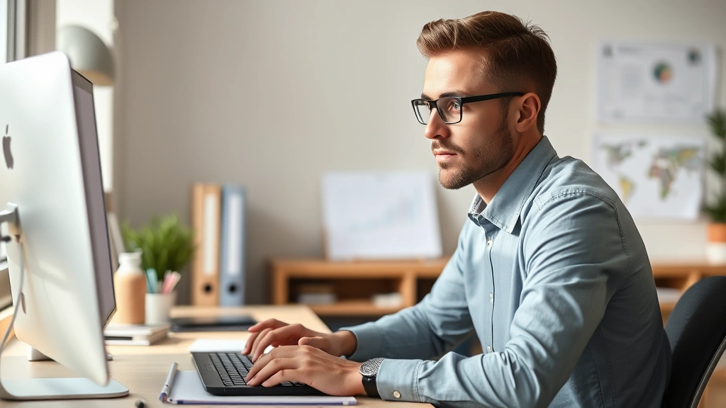 Focused professional working at desk with clear mind visualization, calm determined expression, organized workspace, natural lighting, realistic photography style