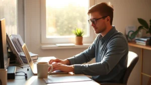 Person sitting at desk with laptop, completely focused and engaged, morning sunlight streaming through window, relaxed posture, coffee cup nearby, minimal distractions visible, photorealistic, calm productive environment